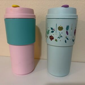 Tupperware Eco to - go Travel Cups - Pink & Mint + Light Blue Holiday Print